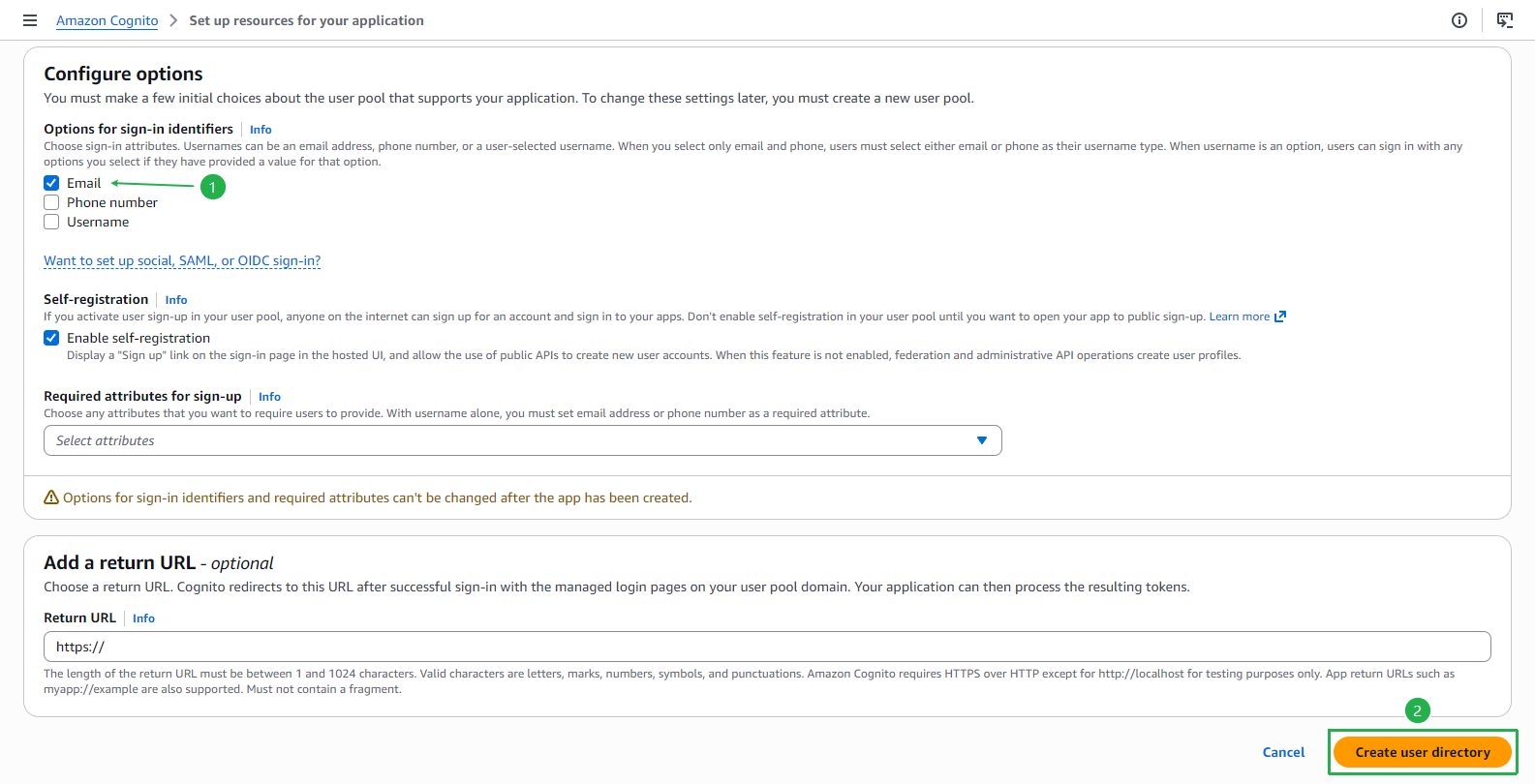 Configure options - Email sign-in and Create user directory
