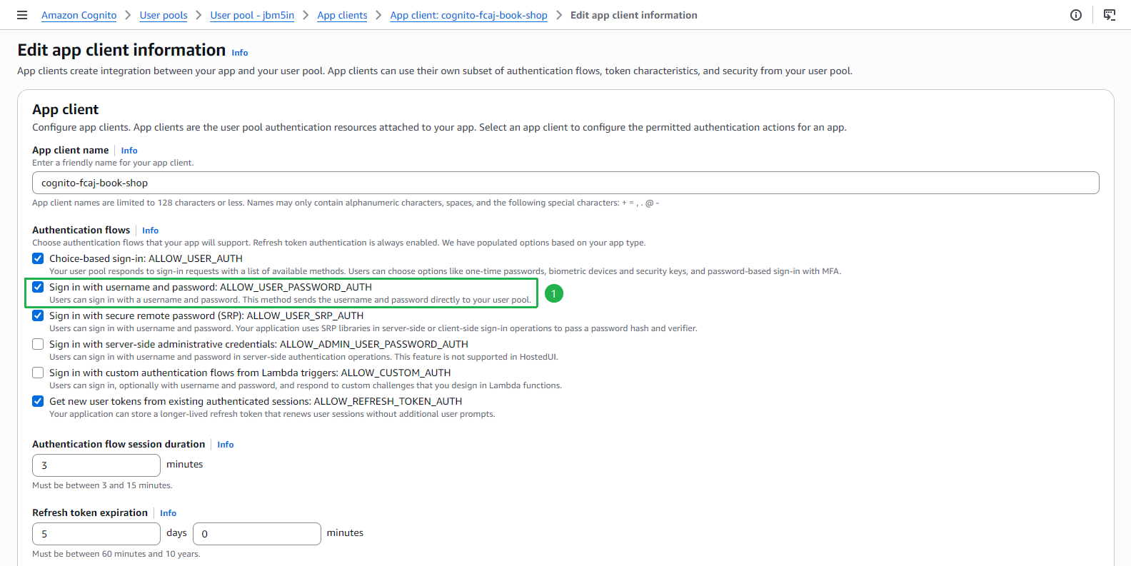 Edit app client - enable ALLOW_USER_PASSWORD_AUTH