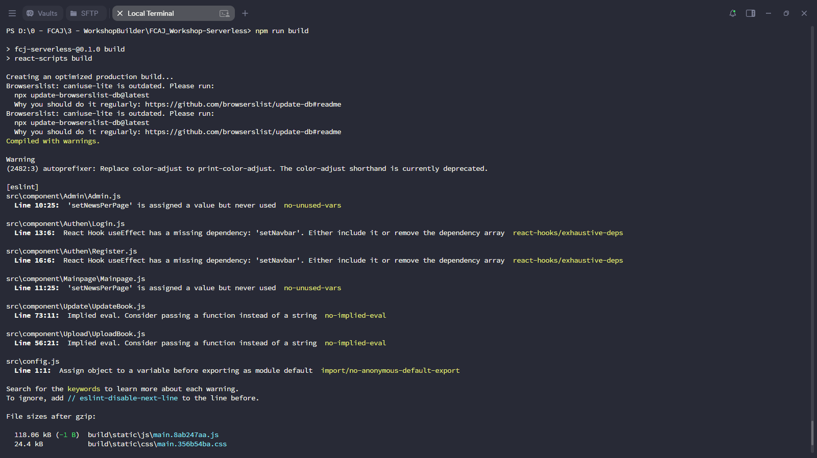 npm run build output
