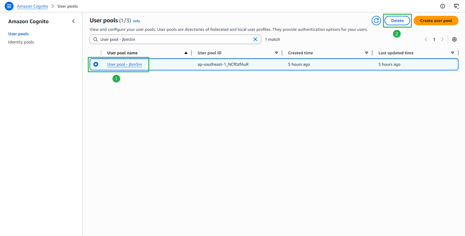 Cognito User pools - select and click Delete