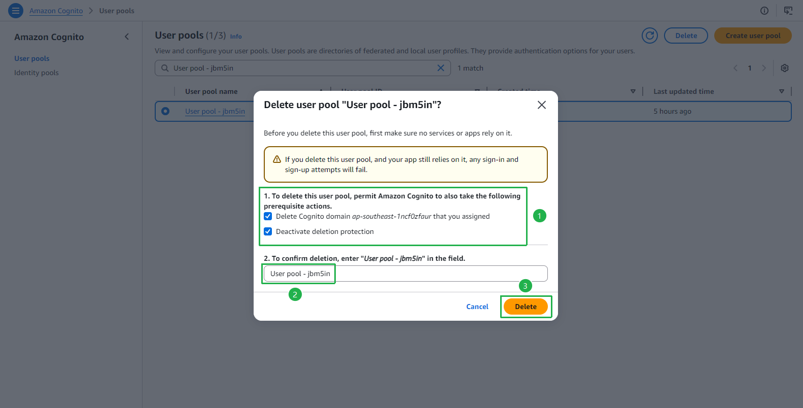 Delete user pool dialog - confirm and delete