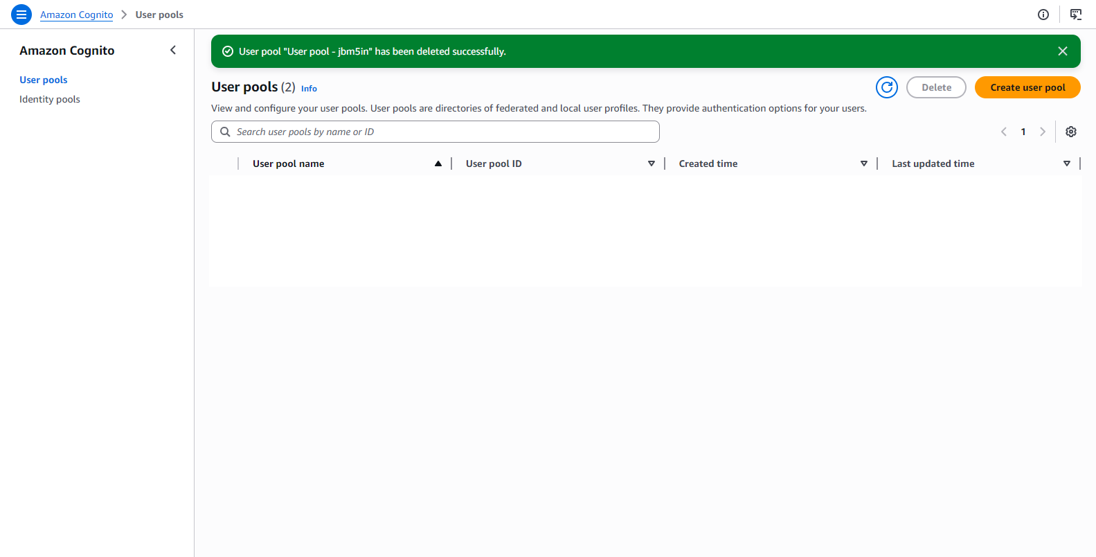 Cognito - User pool deleted successfully